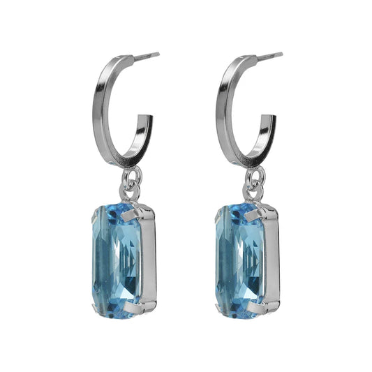 Rectangle blue crystal hoop earrings in rhodium plated silver by Inspire