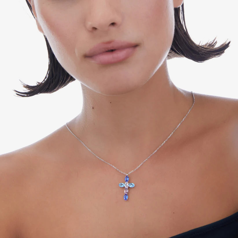 Short blue crystal cross necklace in rhodium plated silver by Harmony 