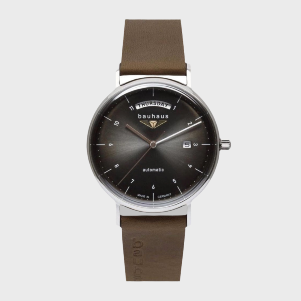 Bauhaus Reloj automático clásico con fecha y día (41 mm), esfera antracita / correa de piel marrón