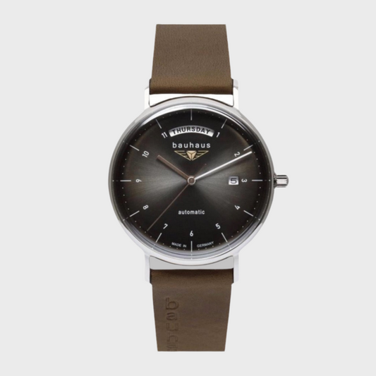 Bauhaus Reloj automático clásico con fecha y día (41 mm), esfera antracita / correa de piel marrón