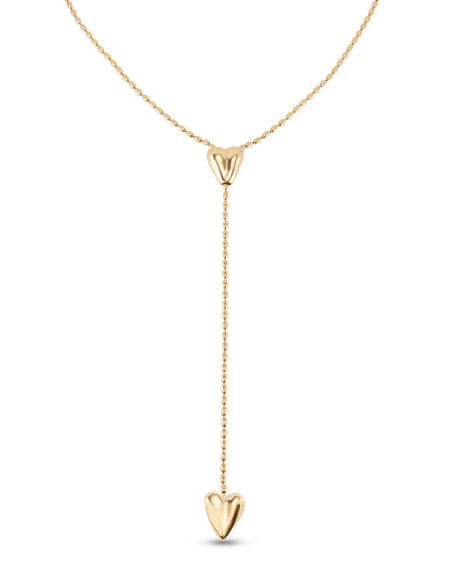 18k gold plated chain with two hearts, one adjustable in the center.