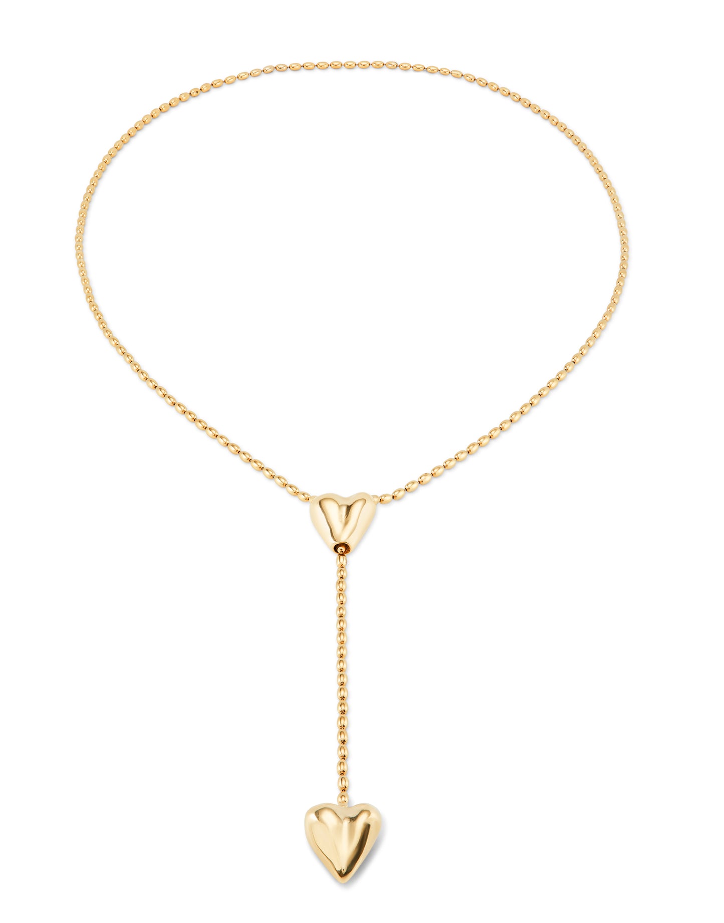 18k gold plated chain with two hearts, one adjustable in the center.