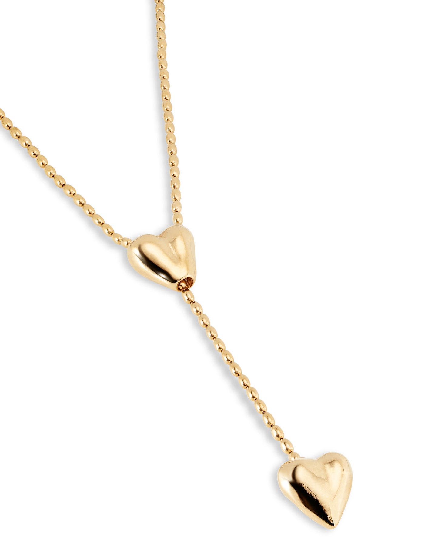 18k gold plated chain with two hearts, one adjustable in the center.