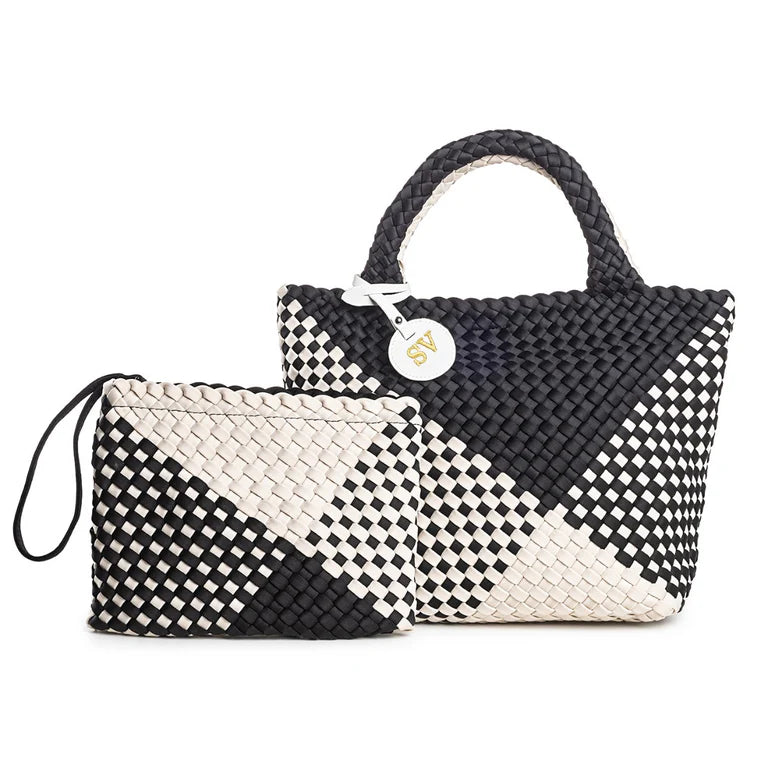 BASIC. BOLSO TRENZADO BICOLOR NEGRO BEIGE