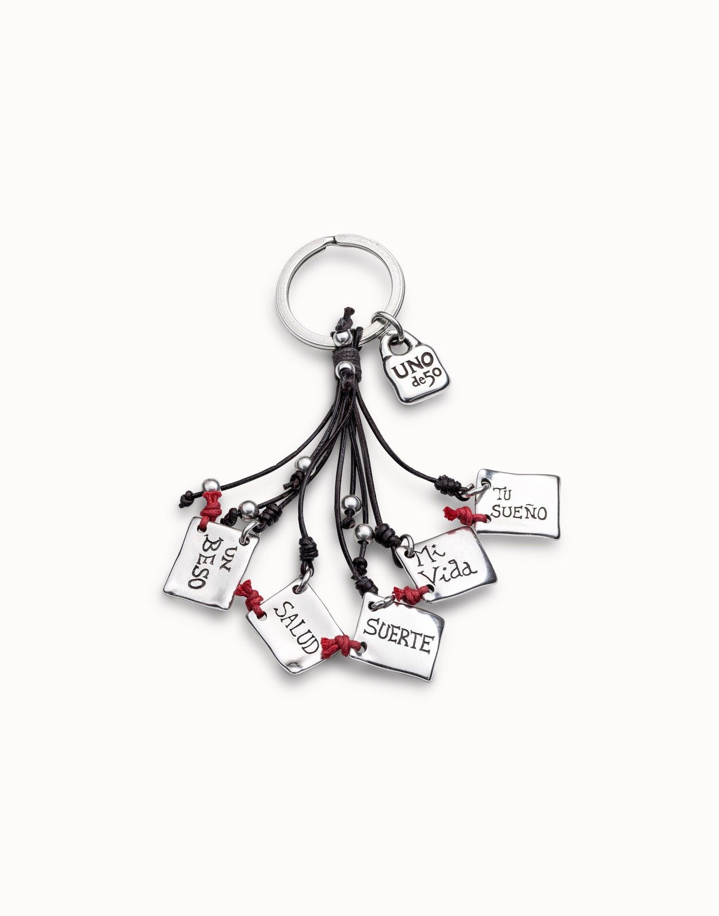 Sterling silver message keychain with leather details