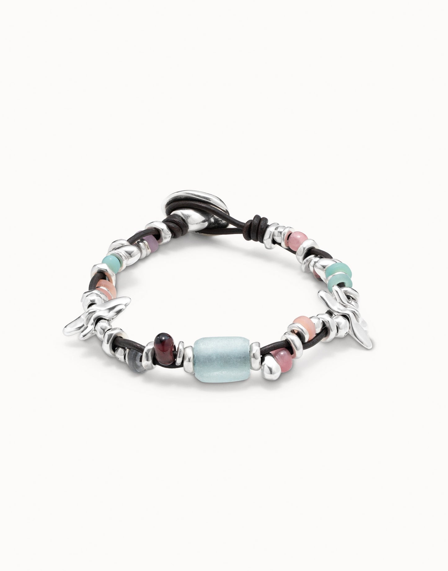 Pulsera de cuero bañada en plata de ley con cristales multicolor