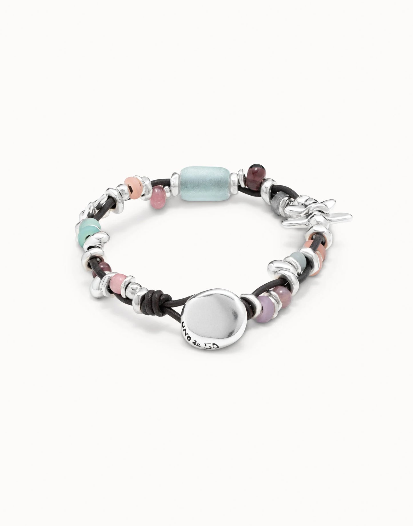 Pulsera de cuero bañada en plata de ley con cristales multicolor