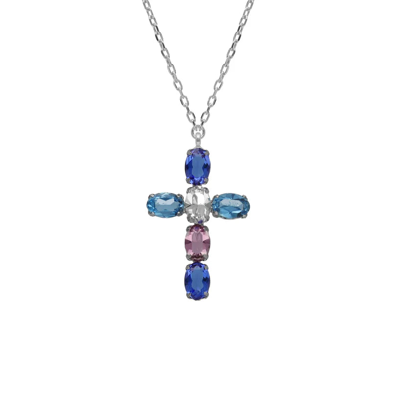 Short blue crystal cross necklace in rhodium plated silver by Harmony 